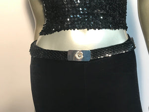 1970s Black Sequin Stretch Belt With Silver Floral Buckle