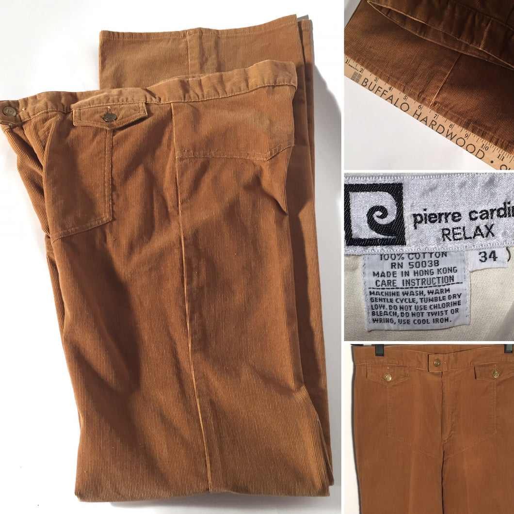 1970s Men's Tall Vintage Pierre Cardin Corduroy Tan Flare Pants 33