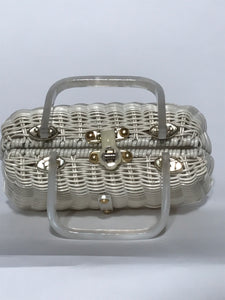 1960s Lucite Handle White Wicker Handbag By Mr Jonas Made In Hong Kong