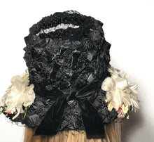 Black Floral Straw Track Easter Hat Black Netting Top