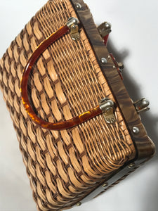 1960s Lucite Handle Brown Wicker Handbag Made In Hong Kong