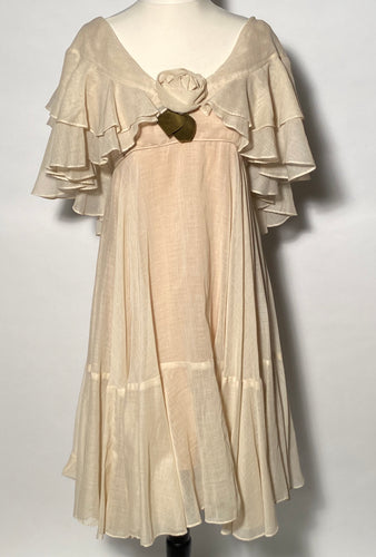 1970's Helft's Layered Ruffled Off Shoulder Rose Bud Front Dress