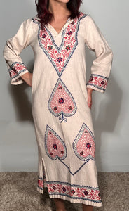 1970s Floral Embroidered Indian 100% Cotton Hippie Hooded Pull Over  Tunic XS