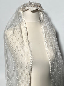 Vintage Pearl Beaded Veil Topper & Long 92" Embroidered Lace Train