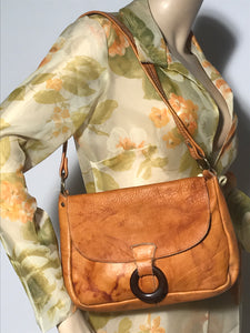 1970s Soft Leather Shoulder Hobo Handbag Flap Closure Circle Accent