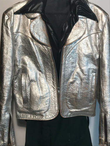 Early 1970s Men's Rocker Silver Metallic Leather Jacket Size Small