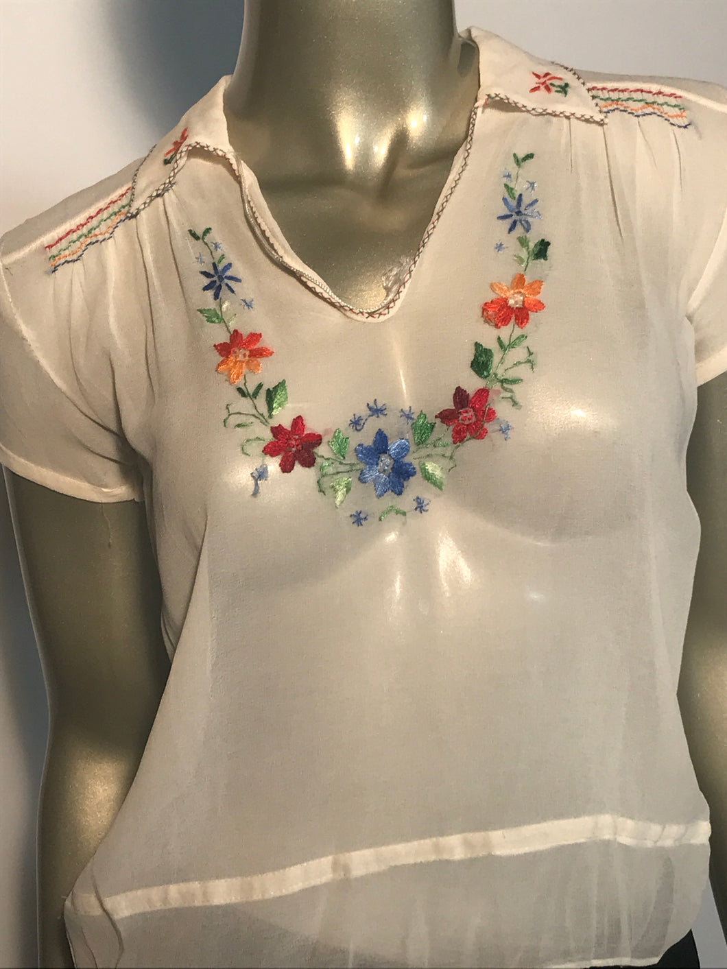 Vintage 1950s Peasant Top Bohemian Blouse Hand Embroidered Silk Crepe