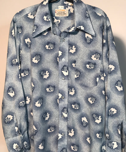 Men's Ultima Baby Blue Floral 1970s Disco Shirt Size Medium RENTAL