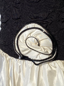 1980s Nuance Taffeta Black White Bubble Prom Dress Sequin Rose