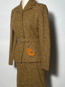 1950s Sage Green Woman's Belted Wool Suit By Betty Rose