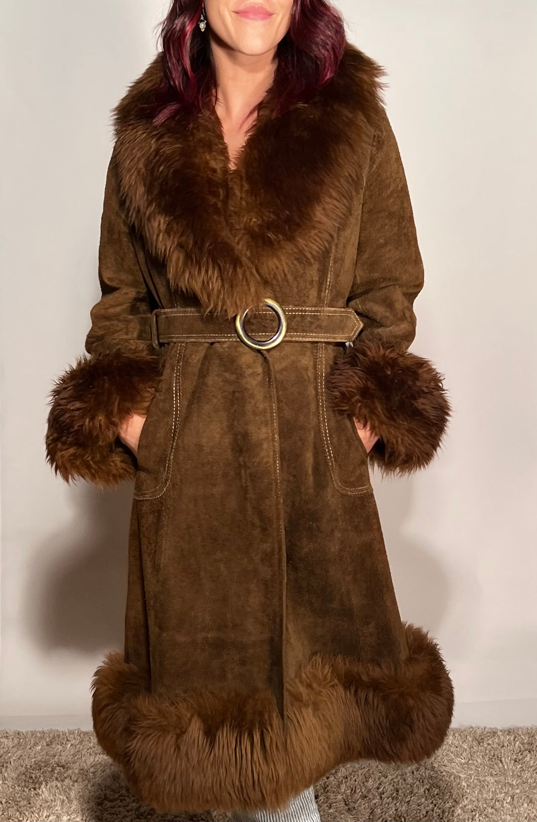 1970s Brown Leather Suede Faux Fur Trim Cuff Collar & Hem Womens Sm 37