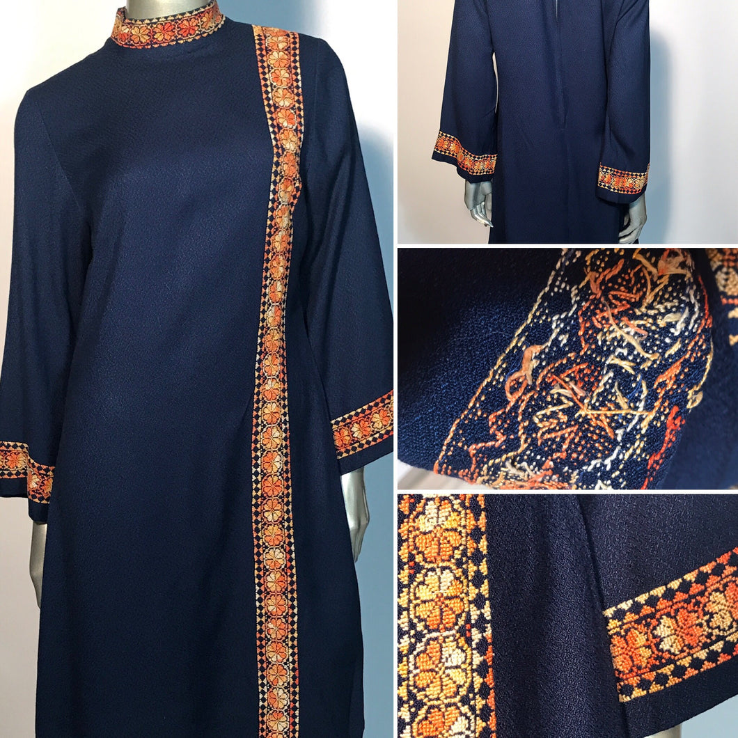 Vintage 1970s Navy Hand Embroidered Shift Naru Style Bell Sleeve