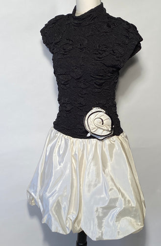 1980s Nuance Taffeta Black White Bubble Prom Dress Sequin Rose