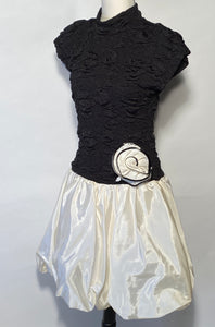 1980s Nuance Taffeta Black White Bubble Prom Dress Sequin Rose