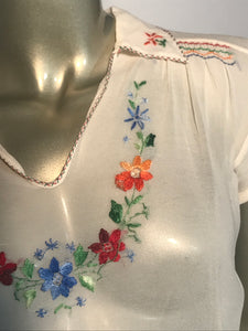 Vintage 1950s Peasant Top Bohemian Blouse Hand Embroidered Silk Crepe