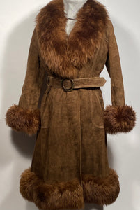 1970s Brown Leather Suede Faux Fur Trim Cuff Collar & Hem Womens Sm 37" Bust