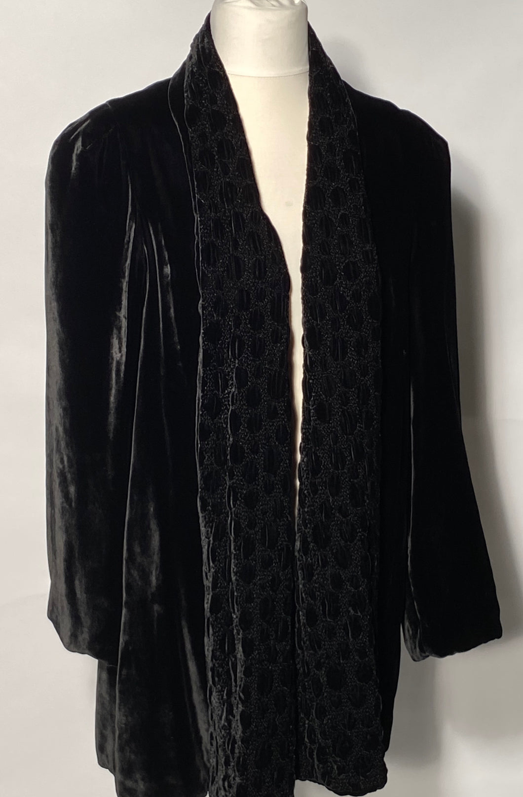 1940s Black Silk Velvet Evening Jacket Plush Perforated Design Lapel