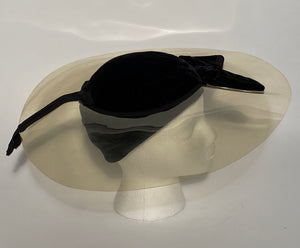 1940s Rare Black Vintage Velvet Vinyl Cartwheel Hat Size 22.5