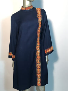 Vintage 1970s Navy Hand Embroidered Shift Naru Style Bell Sleeve