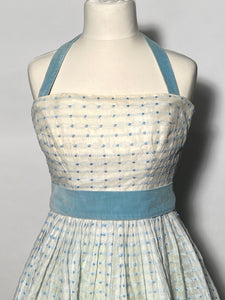 1950s Blue Swiss Polka Dot Full Skirted Halter Prom Dress Size Extra Small