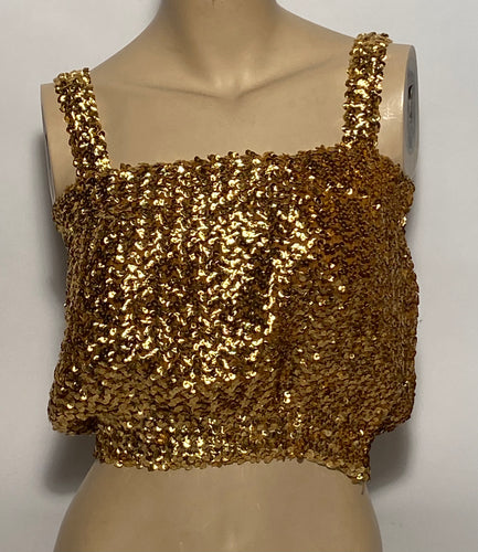 Creations III 1980s Black, Gold, & White Strapped Sequin Half Tube Top