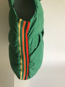 Late 1970s Teen XL Green Roffe Down Striped Snap Button Up Ski Vest
