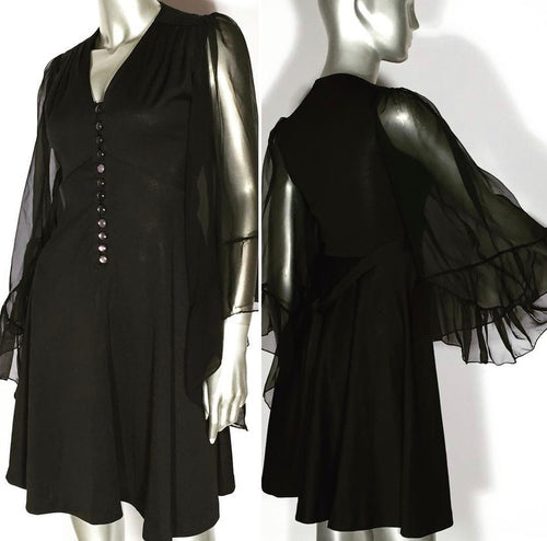 1970s Black Mini Dress Bat Wing Shear Sleeve Size XS