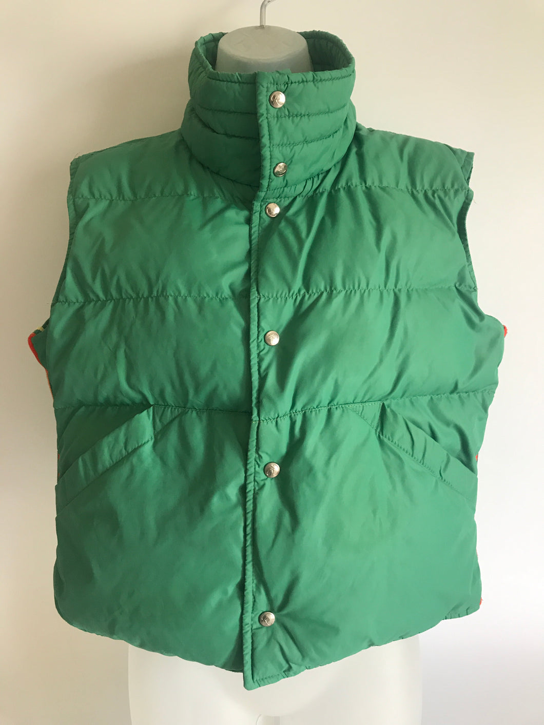 Late 1970s Teen XL Green Roffe Down Striped Snap Button Up Ski Vest