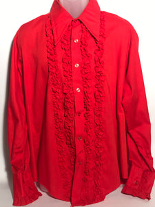 Vintage Red Monzini 1970s Men's Disco Ruffled Tux Shirt Size Extra Large RENTAL