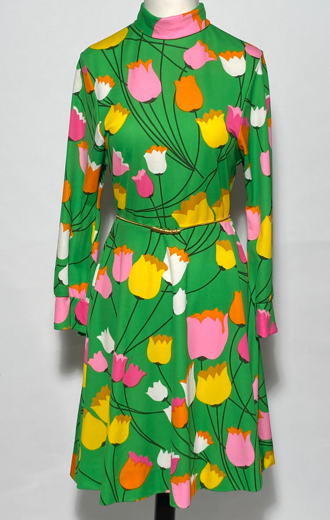 Early 1970s Turtleneck Tulip Floral Dress By PLW