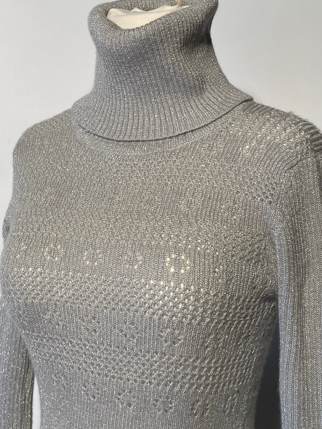 Bargello 1970s Silver Metallic High Turtleneck Cable Knit Maxi Dress