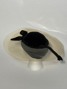 1940s Rare Black Vintage Velvet Vinyl Cartwheel Hat Size 22.5