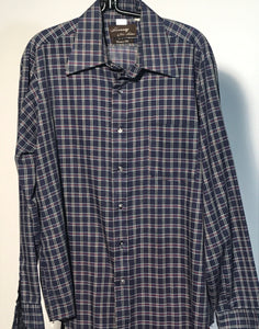 1970s Plaid Navy Men's Disco Button Down Shirt Size Large RENTAL